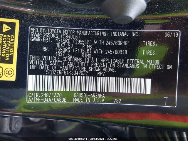 Toyota Highlander Le Plus 2019 5TDZZRFH4KS342632 Image 9