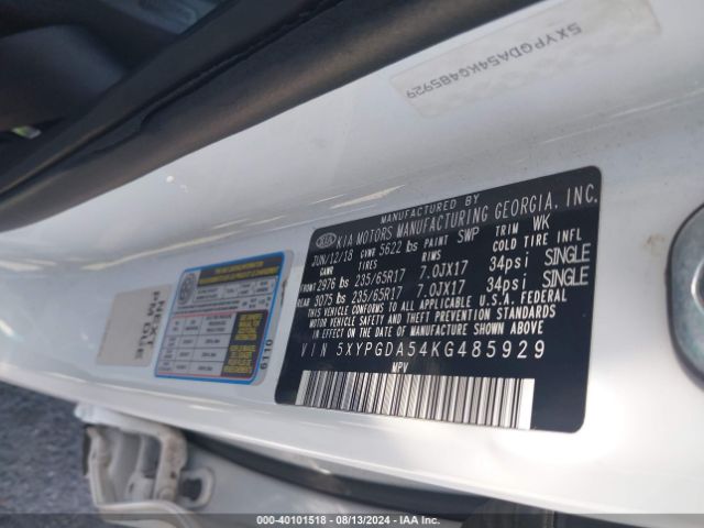 5XYPGDA54KG485929 KIA Sorento 3.3l Lx