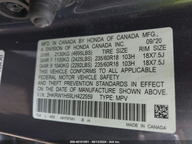 2HKRW1H59LH422559 Honda Cr-v 2wd Ex