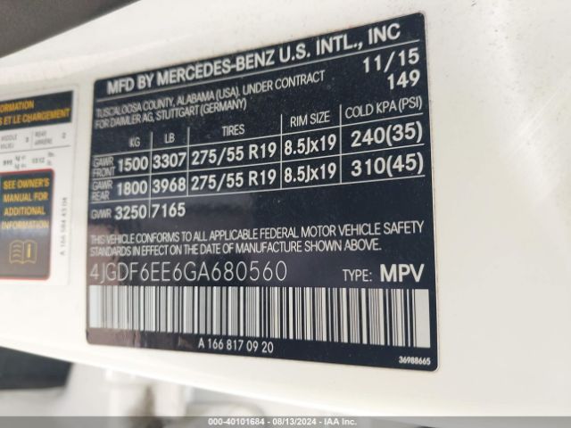 4JGDF6EE6GA680560 Mercedes-Benz Gl 450 4matic