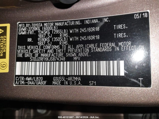 Toyota Highlander Xle 2018 5TDJZRFHXJS874348 Image 10