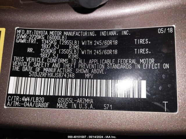 Toyota Highlander Xle 2018 5TDJZRFHXJS874348 Image 9