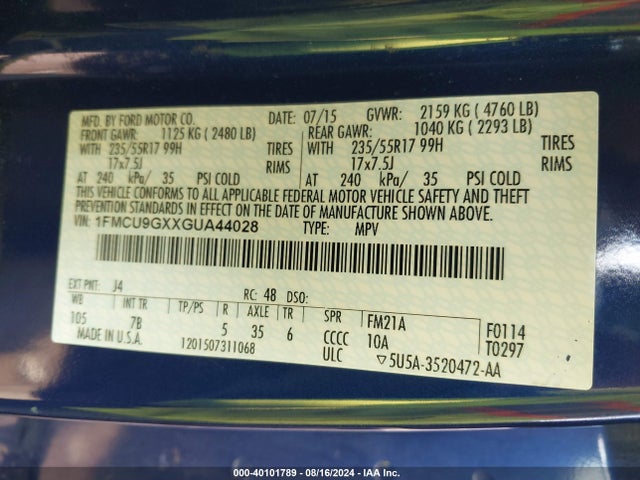 Ford ESCAPE SE 2016 1FMCU9GXXGUA44028 Image 9