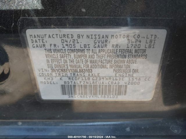 3N1CN8EVXML883103 Nissan Versa Sv Xtronic Cvt