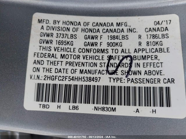 Honda Civic Lx 2017 2HGFC2F54HH538497 Image 9