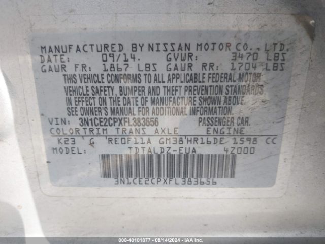 3N1CE2CPXFL383656 Nissan Versa Note S (sr)/s Plus/sl/sr/sv