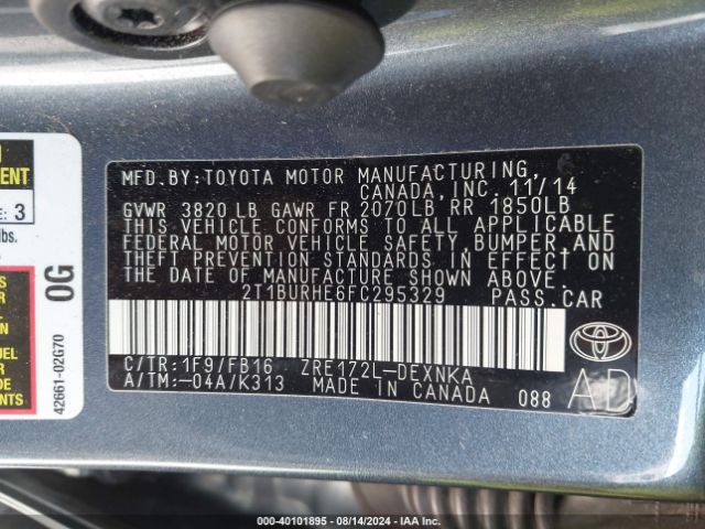 2T1BURHE6FC295329 Toyota Corolla L/le/le Pls/prm/s/s Pls
