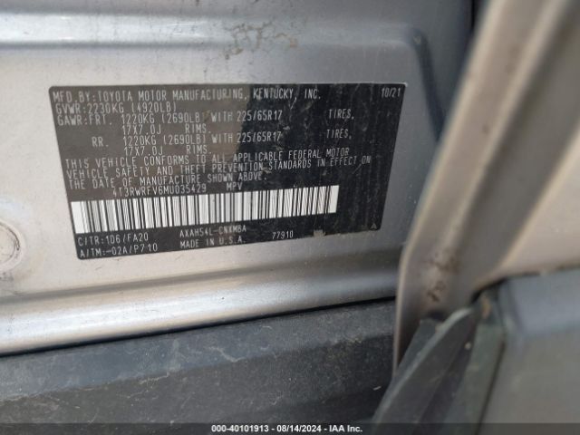 4T3RWRFV6MU035429 Toyota Rav4 Hybrid Xle