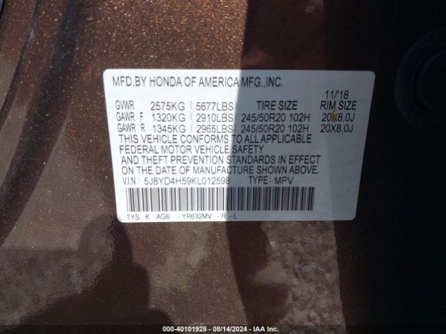5J8YD4H59KL012598 Acura Mdx Tech Pkg