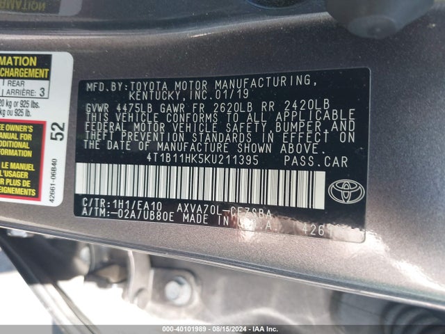 Toyota CAMRY SE 2019 4T1B11HK5KU211395 Image 9