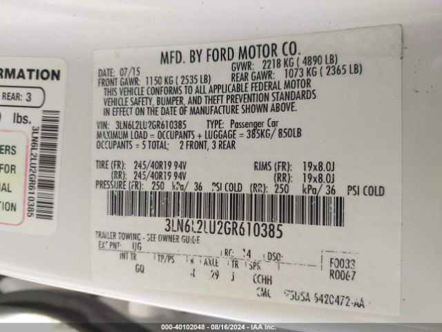 3LN6L2LU2GR610385 Lincoln MKZ HYBRID