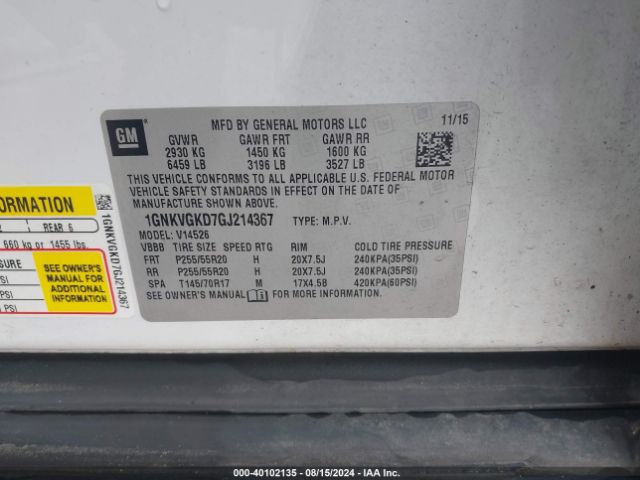 1GNKVGKD7GJ214367 Chevrolet Traverse 1lt