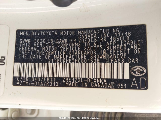 Toyota COROLLA LE 2017 2T1BURHE3HC801508 Image 9