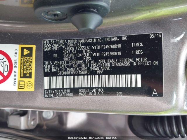 5TDKKRFH9GS156940 Toyota Highlander Xle V6