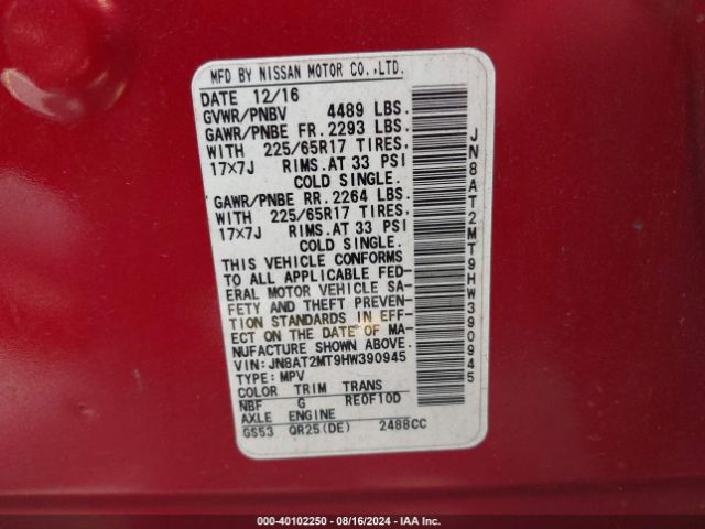 JN8AT2MT9HW390945 Nissan ROGUE S