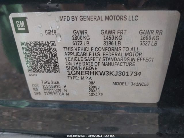 1GNERHKW3KJ301734 Chevrolet Traverse 3lt