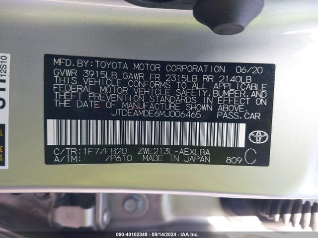Toyota Corolla Hybrid Le 2021 JTDEAMDE6MJ006465 Image 9