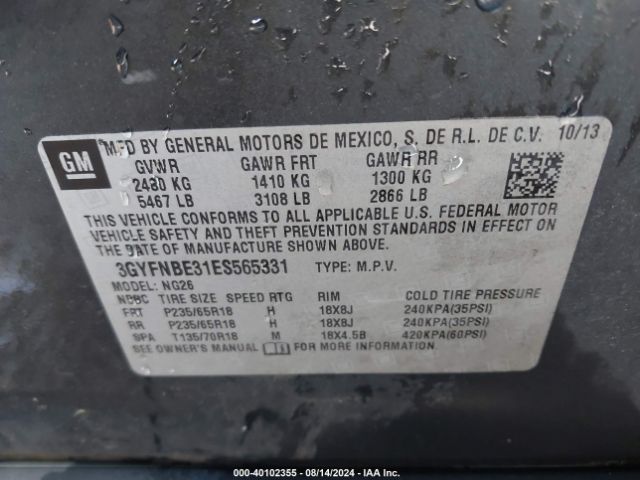 3GYFNBE31ES565331 Cadillac Srx Luxury Collection