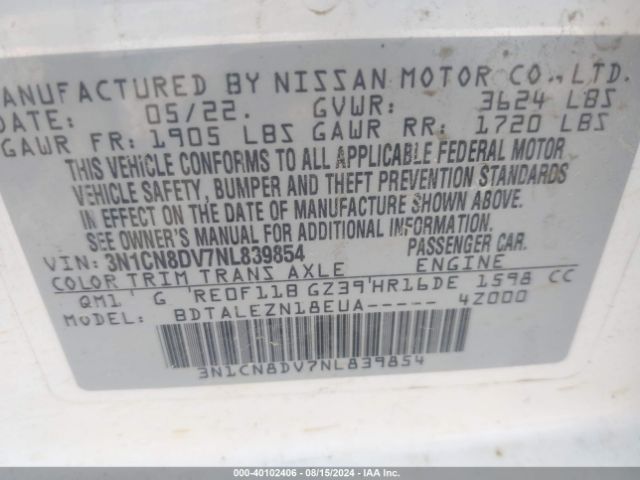 3N1CN8DV7NL839854 Nissan Versa 1.6 S Xtronic Cvt