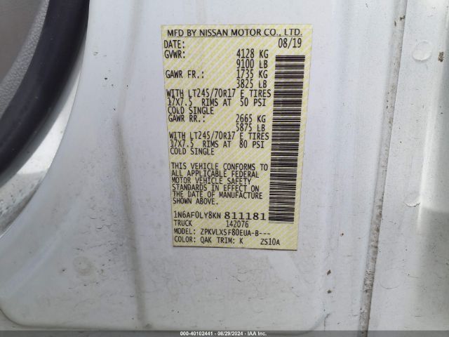 1N6AF0LY8KN811181 Nissan Nv Cargo Nv2500 Hd Sv V8