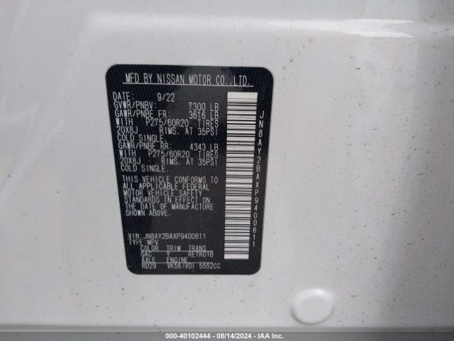 JN8AY2BAXP9400611 Nissan Armada Sl 2wd