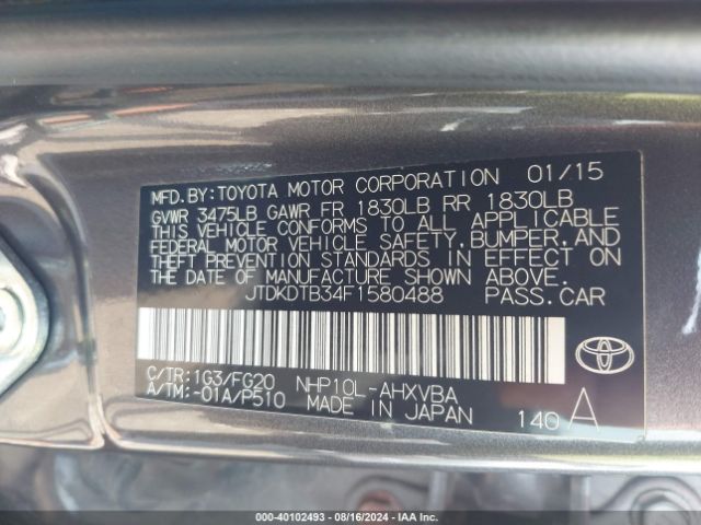 JTDKDTB34F1580488 Toyota Prius C Two