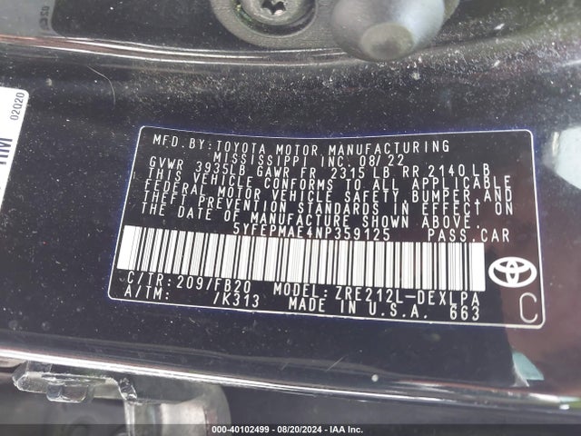 Toyota COROLLA LE 2022 5YFEPMAE4NP359125 Image 9