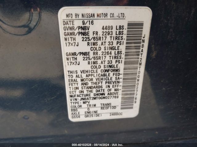 JN8AT2MT0GW027769 Nissan ROGUE S