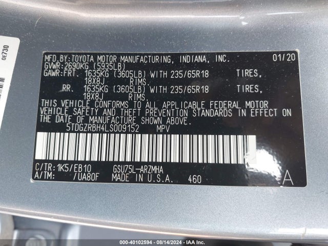 Toyota Highlander Xle 2020 5TDGZRBH4LS009152 Image 9