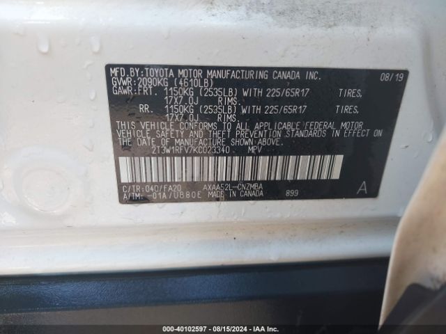 2T3W1RFV7KC023340 Toyota Rav4 Xle