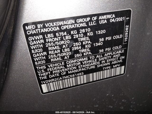 1V2WR2CA7MC581483 Volkswagen Atlas 3.6l V6 Se W/technology