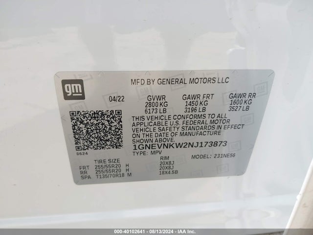 1GNEVNKW2NJ173873 Chevrolet Traverse Awd High Country