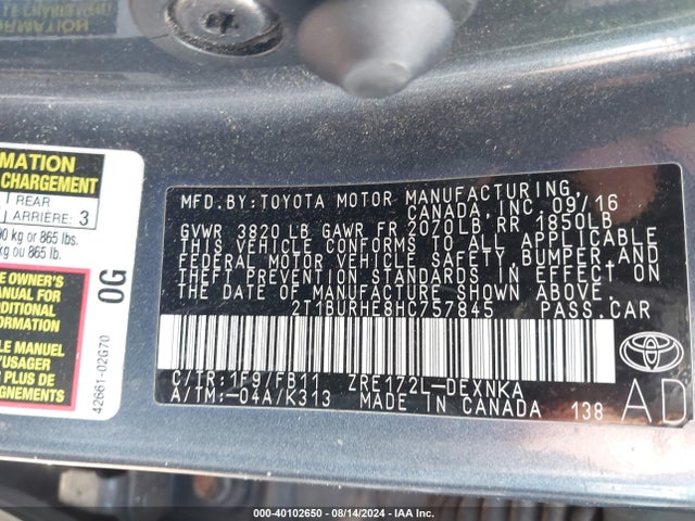 Toyota COROLLA LE 2017 2T1BURHE8HC757845 Image 9