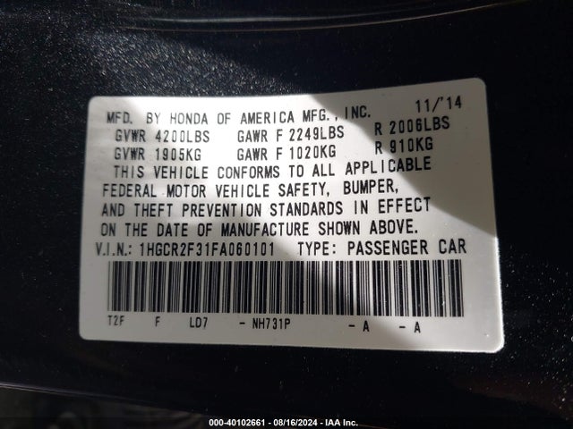 Honda ACCORD LX 2015 1HGCR2F31FA060101 Image 9