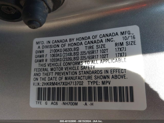 Honda Cr-v Ex-l 2016 2HKRM4H7XGH713702 Image 9