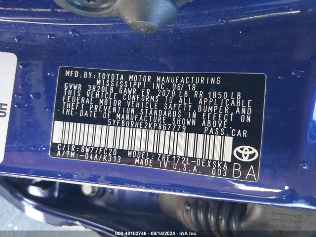 Toyota COROLLA SE 2019 5YFBURHE2KP867779 Image 9
