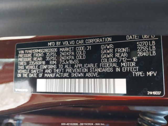 YV4612RM6G2802606 Volvo Xc60 T5 Platinum
