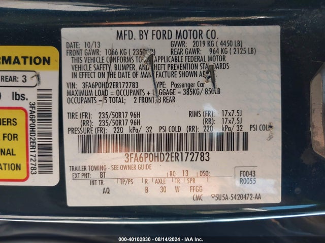Ford FUSION SE 2014 3FA6P0HD2ER172783 Image 9