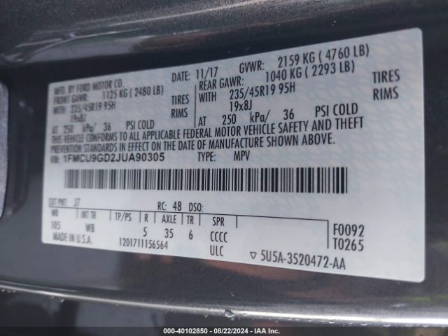 1FMCU9GD2JUA90305 Ford ESCAPE SE