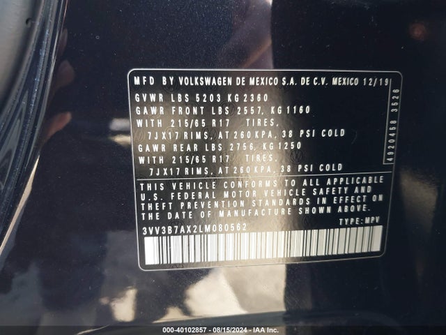 3VV3B7AX2LM080562 Volkswagen Tiguan 2.0t Se/2.0t Se R-line Black/2.0t Sel