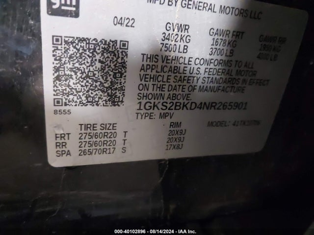 GMC Yukon 4wd Slt 2022 1GKS2BKD4NR265901 Image 9