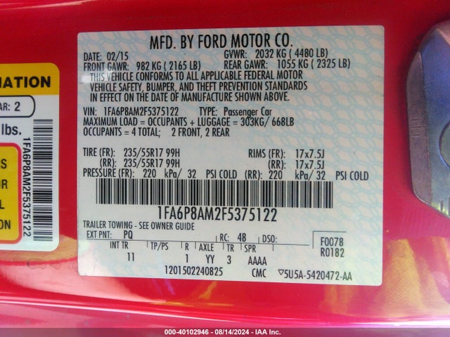 1FA6P8AM2F5375122 Ford Mustang V6