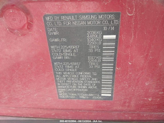 Nissan ROGUE SV 2015 KNMAT2MT3FP510533 Image 9
