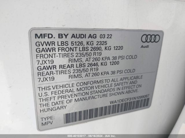 WA1DECF31N1099087 Audi Q3 Premium 45 Tfsi S Line Quattro Tiptronic