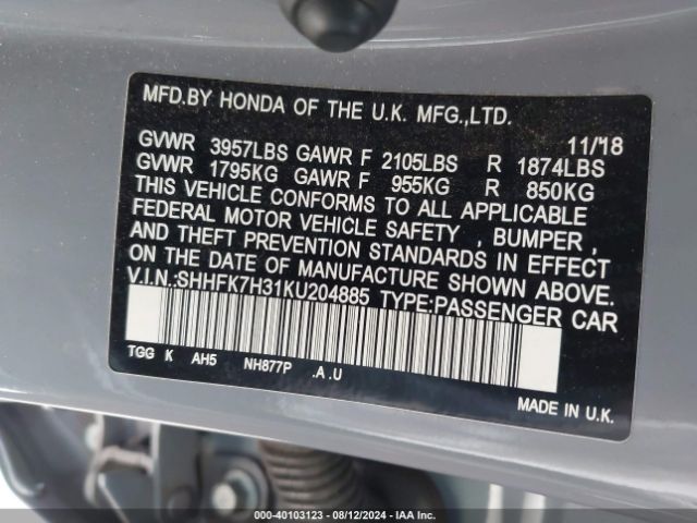 SHHFK7H31KU204885 Honda Civic Lx