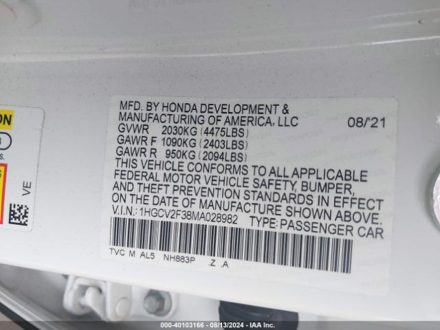 1HGCV2F38MA028982 Honda Accord Sport 2.0t
