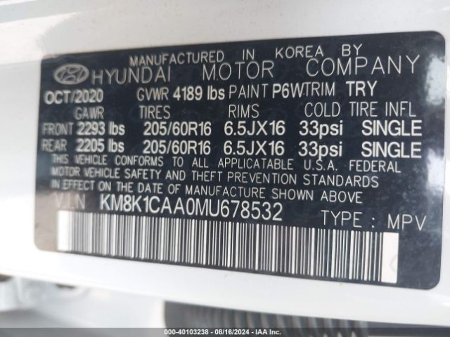 KM8K1CAA0MU678532 Hyundai Kona Se