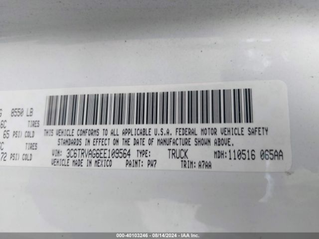 3C6TRVAG6EE109564 RAM Promaster 1500 Low Roof