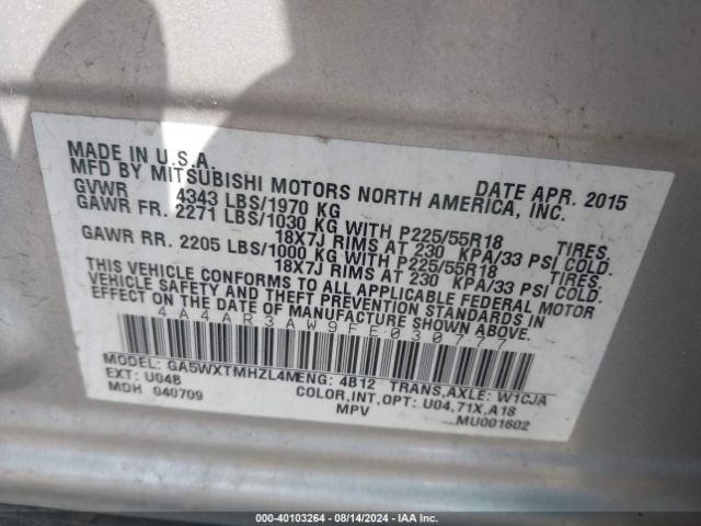 4A4AR3AW9FE030777 Mitsubishi Outlander Sport Es