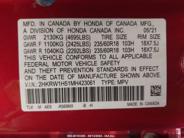 2HKRW1H51MH423061 Honda Cr-v 2wd Ex